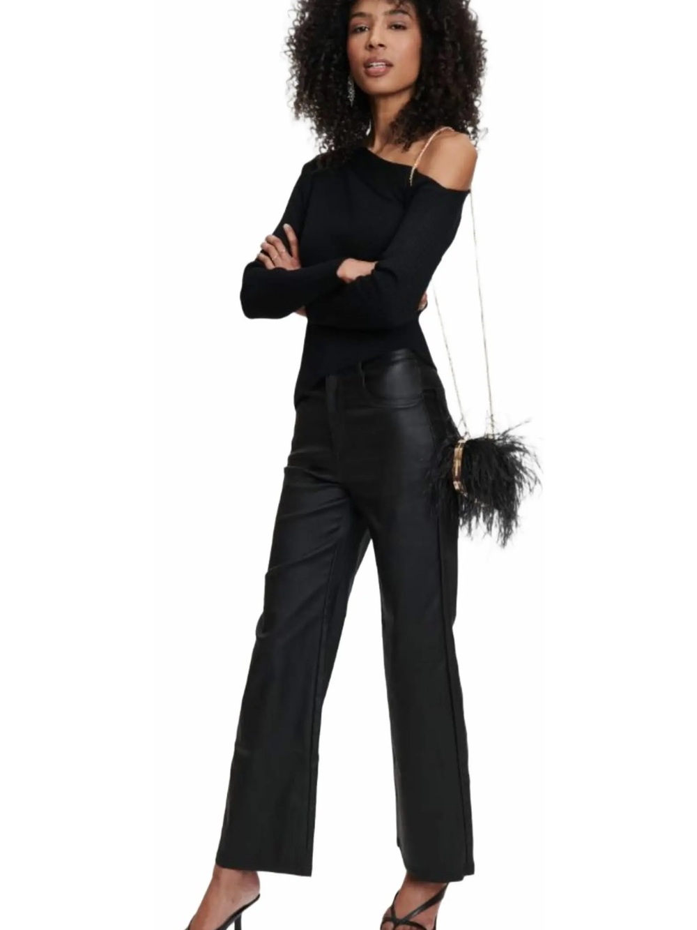 Black Feather Evening Clutch with Gold Chain - Picture 2 of 3